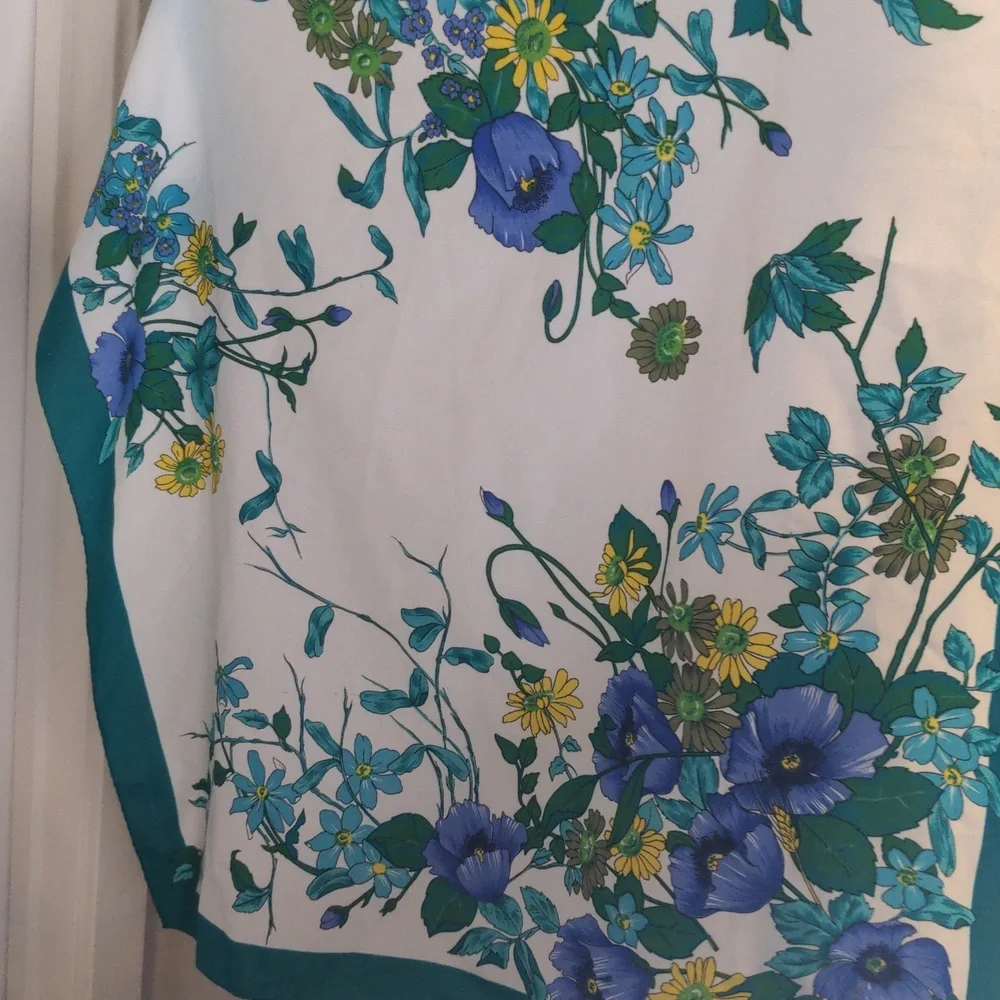 Vintage 60s Floral Scarf Italy Teal and White Garden Cottagecore Spring Summer